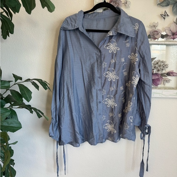 None Tops - Women's Blue Floral Button Down Shirt